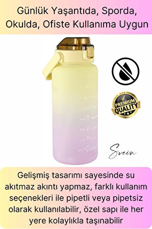 Premium 2 Lt Pipetli Kilitli Sızdırmaz Kapaklı Tutma Saplı Motivasyon Suluk Matara Sporcu Su Şişesi