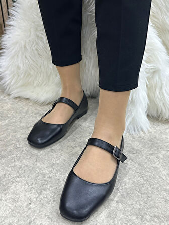Günlük Kadın Babet Oval Burunlu Sade Şık Alçak Topuklu Tokalı Hafif Rahat Ayakkabı M-506