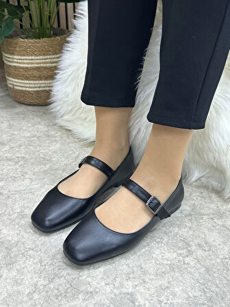 Günlük Kadın Babet Oval Burunlu Sade Şık Alçak Topuklu Tokalı Hafif Rahat Ayakkabı M-506