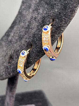 Çelik Kadın Yuvarlak Nazar Boncuklu Gold Şık Tasarım Kararmaz Günlük Küpe