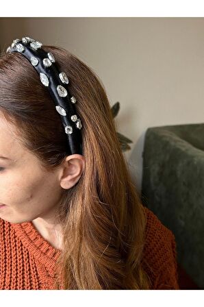 Saten Damla Taşlı Siyah 5cm Full Taş Şık Abiye El Yapımı Taç Kına