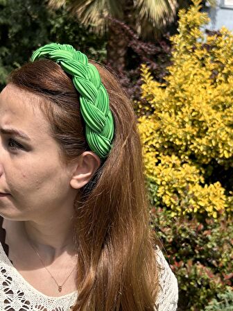 BYM494 Pilise Kumaş Koyu Yeşil Renk Örgü Model Günlük Kadın Taç Saç Bandı