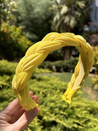 BYM551 Kadın Saç Aksesuarı Limon Sarısı Örgü Model 4Cm İnce Taç