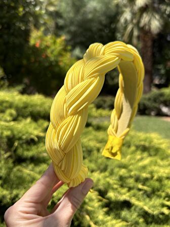 BYM551 Kadın Saç Aksesuarı Limon Sarısı Örgü Model 4Cm İnce Taç