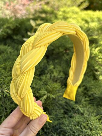 BYM551 Kadın Saç Aksesuarı Limon Sarısı Örgü Model 4Cm İnce Taç