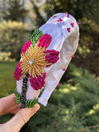 Abiye Nişan Düğün Beyaz Saten Model Hibisküs El İşi Tasarım Taç Kadın Saç