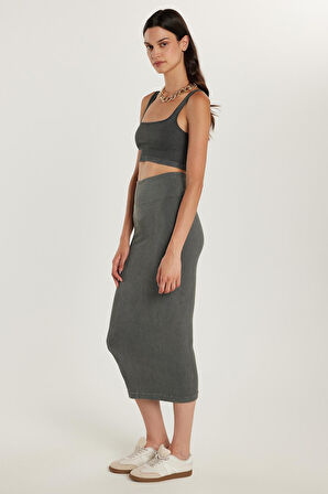 Kadın Slim Fit Pamuklu Düz Uzun Antrasit Etek