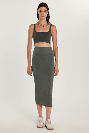 Kadın Slim Fit Pamuklu Düz Uzun Antrasit Etek