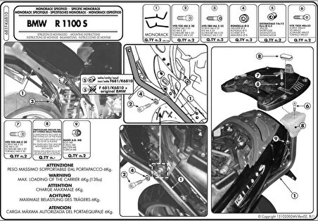 Kappa K6810 BMW R 1100 S (02-06) Arka Canta Tasıyıcı