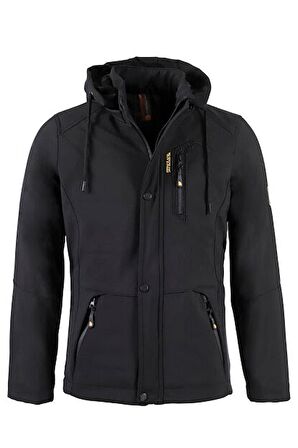 Erkek Siyah Kapüşonlu Su Ve Rüzgar Geçirmez Cep Detaylı İçi Kürklü Softshell Mont