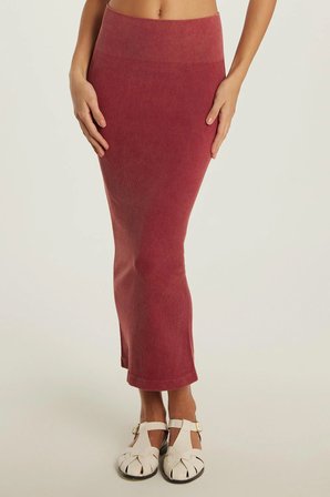Kadın Slim Fit Pamuklu Düz Uzun Bordo Etek