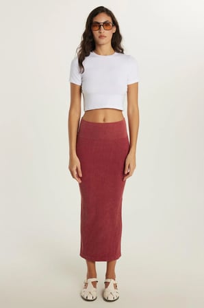Kadın Slim Fit Pamuklu Düz Uzun Bordo Etek