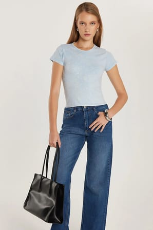 Kadın Slim Fit Dar Kesim Düz Basic Bisiklet Yaka Mavi Tişört