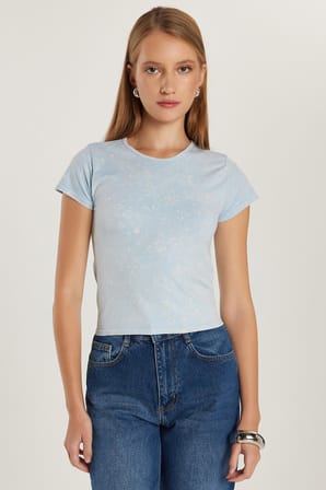 Kadın Slim Fit Dar Kesim Düz Basic Bisiklet Yaka Mavi Tişört