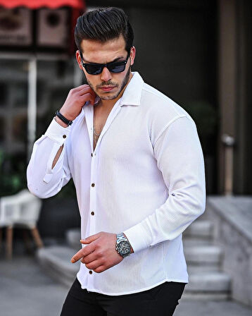 ERKEK UZUN KOLLU FİTİLLİ OTTOMAN DOKULU GÖMLEK BEYAZ