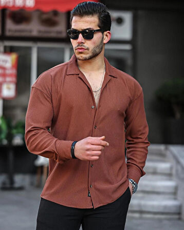 ERKEK UZUN KOLLU FİTİLLİ OTTOMAN DOKULU GÖMLEK ACI KAHVE