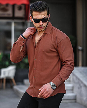 ERKEK UZUN KOLLU FİTİLLİ OTTOMAN DOKULU GÖMLEK ACI KAHVE