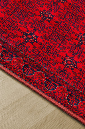 Bordo Afgan Halısı Etnik Otantik Desenli Şönil Halı Kaymaz Taban Yıkanabilir Salon Oturma Odası Halısı M1001