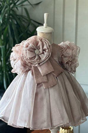 Özel Tasarım Kız Çocuk Elbise, Omzunda Çiçek ve İnci Detaylı, Kolu Fırfırlı, Taç Aksesuarlı