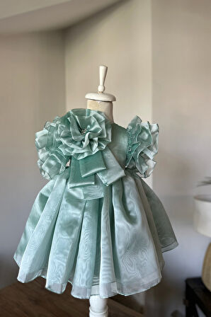 Özel Tasarım Kız Çocuk Elbise, Omzunda Çiçek ve İnci Detaylı, Kolu Fırfırlı, Taç Aksesuarlı