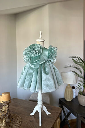 Özel Tasarım Kız Çocuk Elbise, Omzunda Çiçek ve İnci Detaylı, Kolu Fırfırlı, Taç Aksesuarlı