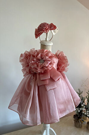 Özel Tasarım Kız Çocuk Elbise, Çiçek ve İnci Detaylı, Kolu Fırfırlı, Taç Aksesuarlı