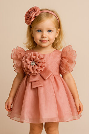 Özel Tasarım Kız Çocuk Elbise, Çiçek ve İnci Detaylı, Kolu Fırfırlı, Taç Aksesuarlı
