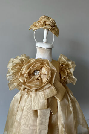 Özel Tasarım Kız Çocuk Elbise, Çiçek ve İnci Detaylı, Kolu Fırfırlı, Taç Aksesuarlı