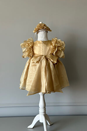 Özel Tasarım Kız Çocuk Elbise, Çiçek ve İnci Detaylı, Kolu Fırfırlı, Taç Aksesuarlı