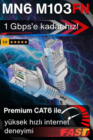 MN6 M103FN Cat6 Ethernet Kablosu 10 Metre – 1000 Mbps, 0,57 mm İletken, RJ45, İç Mekan