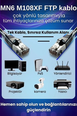 MN6 M108XF Cat6 FTP Ethernet Kablosu 10 Metre Dış Mekan UV Korumalı Çift Katmanlı PE+PVC Parazit Önleyici 23AWG 0.60mm