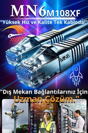 MN6 M108XF Cat6 FTP Ethernet Kablosu 60 Metre Dış Mekan UV Korumalı Çift Katmanlı PE+PVC Parazit Önleyici 23AWG 0.60mm