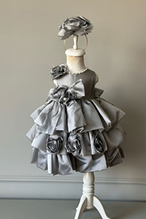 Özel Tasarım Kız Çocuk Elbise, Çiçek ve İnci Detaylı, Fiyonklu, Saç Aksesuarlı_M1125