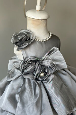 Özel Tasarım Kız Çocuk Elbise, Çiçek ve İnci Detaylı, Fiyonklu, Saç Aksesuarlı_M1125