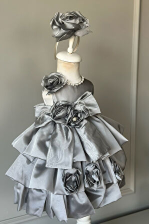 Özel Tasarım Kız Çocuk Elbise, Çiçek ve İnci Detaylı, Fiyonklu, Saç Aksesuarlı_M1125