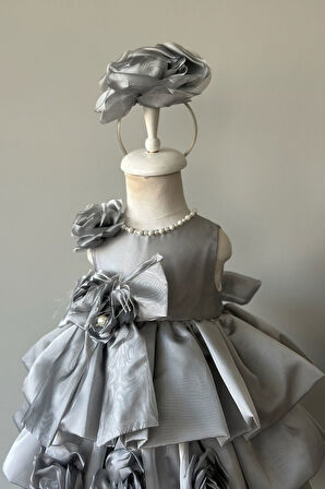 Özel Tasarım Kız Çocuk Elbise, Çiçek ve İnci Detaylı, Fiyonklu, Saç Aksesuarlı_M1125