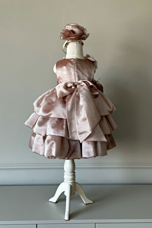 Özel Tasarım Kız Çocuk Elbise, Çiçek ve İnci Detaylı, Fiyonklu, Saç Aksesuarlı_M1125