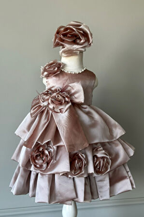 Özel Tasarım Kız Çocuk Elbise, Çiçek ve İnci Detaylı, Fiyonklu, Saç Aksesuarlı_M1125