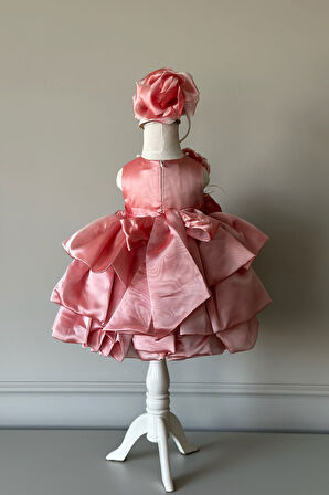 Özel Tasarım Kız Çocuk Elbise, Çiçek ve İnci Detaylı, Fiyonklu, Saç Aksesuarlı_M1125