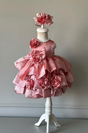 Özel Tasarım Kız Çocuk Elbise, Çiçek ve İnci Detaylı, Fiyonklu, Saç Aksesuarlı_M1125