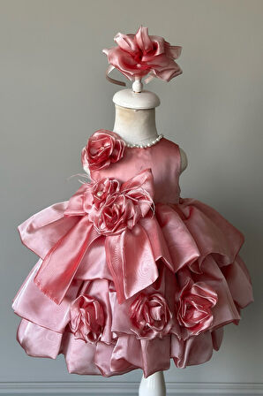 Özel Tasarım Kız Çocuk Elbise, Çiçek ve İnci Detaylı, Fiyonklu, Saç Aksesuarlı_M1125