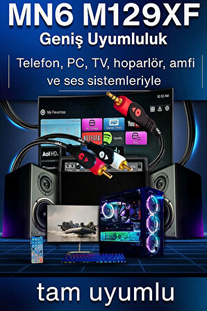 MN6 M129XF Rca kablosu/5 Metre-A+Kalite-3.5mm/Aux ses kablosu-2rca Ses kablosu-Ses Sistemi uyumlu