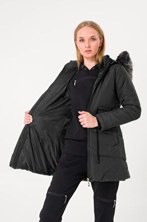 Barbora Kışlık Yaka Kürklü Uzun Kadın Şişme Mont bt122siyah8