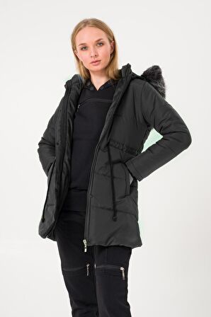 Barbora Kışlık Yaka Kürklü Uzun Kadın Şişme Mont bt122siyah9