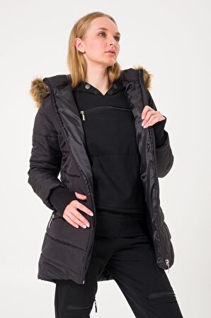 Barbora Kışlık Eldivenli Kapüşonu Kürklü Kadın Şişme Mont v2bt121siyahh1
