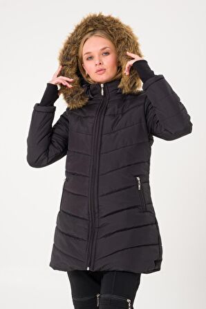 Barbora Kışlık Eldivenli Kapüşonu Kürklü Kadın Şişme Mont bt121se