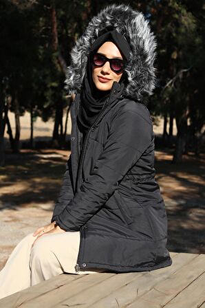 Barbora Kışlık Yaka Kürklü Uzun Kadın Şişme Tesettür Mont bt122siyahtesettür