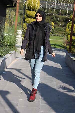 Barbora Kışlık Yaka Kürklü Uzun Kadın Şişme Tesettür Mont bt122siyahtesettür