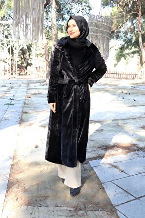 Barbora Kışlık Kürk Kadın Ceket Tam Tesettür Boy bt296siyahtesettür
