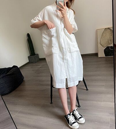 Barbora Günlük Cep Detaylı Salaş Kadın Elbise 260beyaz3